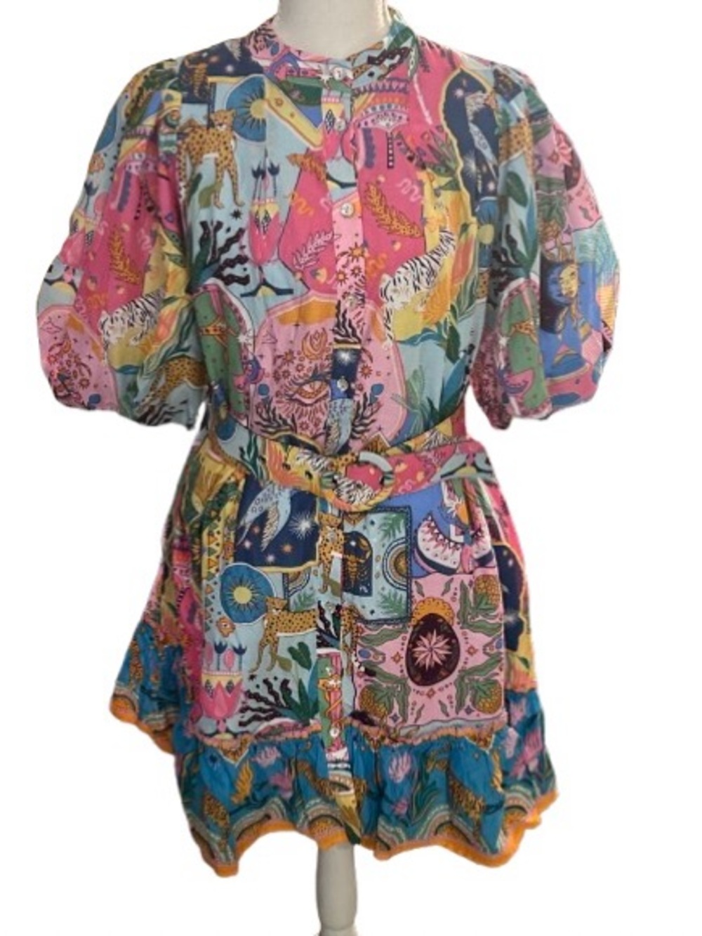 NWT J. Marie Sloane Tiger Bird Sun Moon 100% Cotton Dress Designer Puffy Sleeve